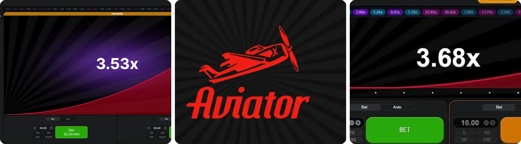 Aviator crash game screens with the rising multiplier and bet panels