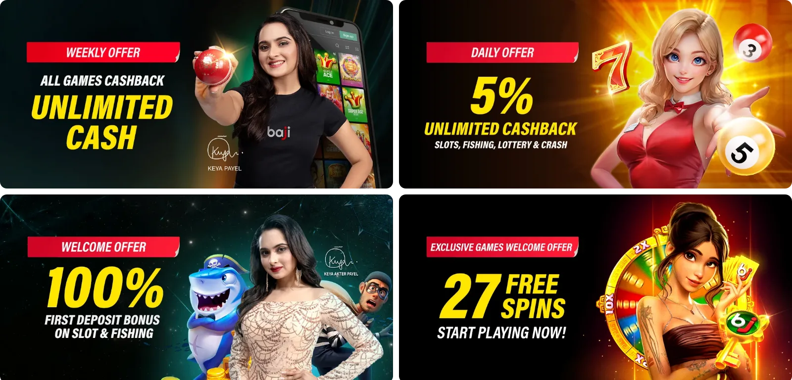 Collage of Baji365 promotion banners: All Games Unlimited Cashback, 5% Unlimited Cashback, 100% Bonus on Slot & Fishing and 27 Free Spins